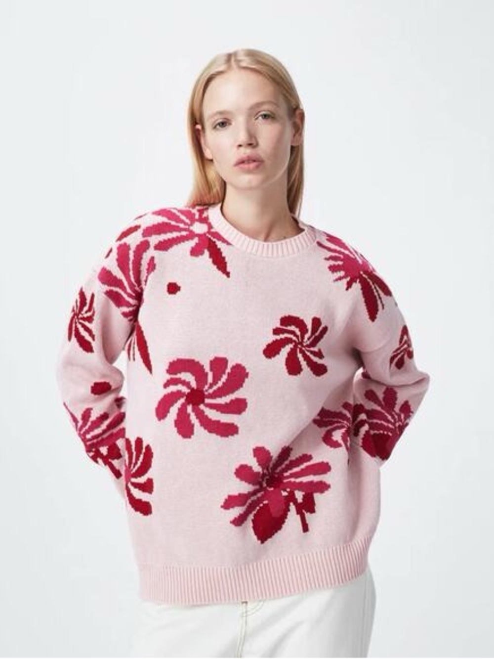 For Days WK8000 pink organic cotton floral knit crewneck sweater